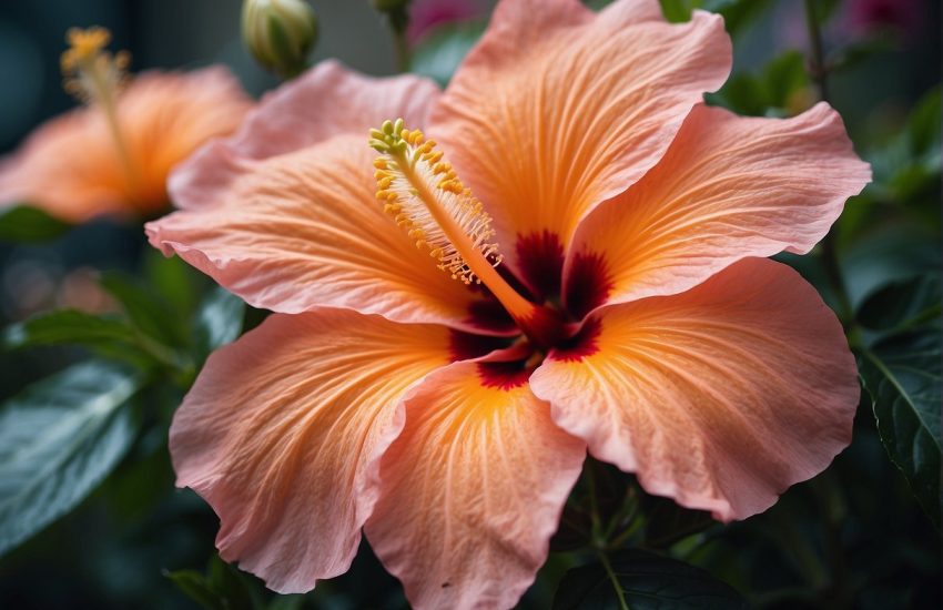 Giant hibiscus-like flowers in full bloom, with vibrant colors and intricate details