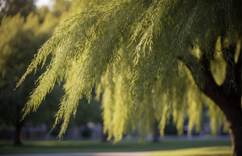 A weeping willow tree sways in the breeze, its long, graceful branches draping down to touch the ground. The tree's delicate leaves shimmer in the sunlight, casting a peaceful and serene atmosphere