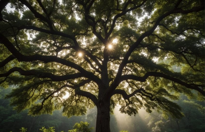 Several varieties of oak trees stand tall in the lush forests of South Carolina, their branches adorned with vibrant green leaves and acorns