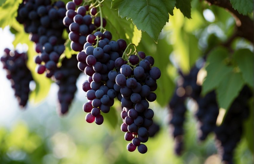 Lush green vines with small round leaves and clusters of purple, grape-like fruits hanging from them