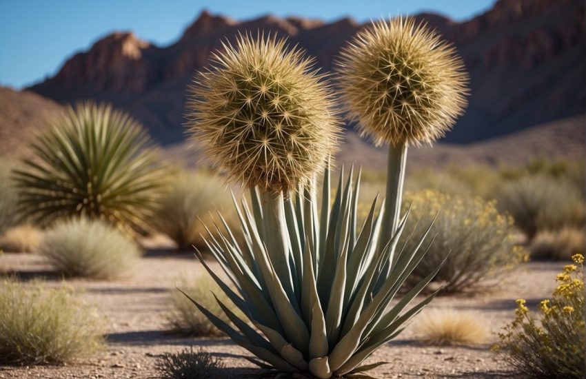 A desert landscape with tall, spiky plants resembling yucca, set against a backdrop of rocky terrain and a clear blue sky