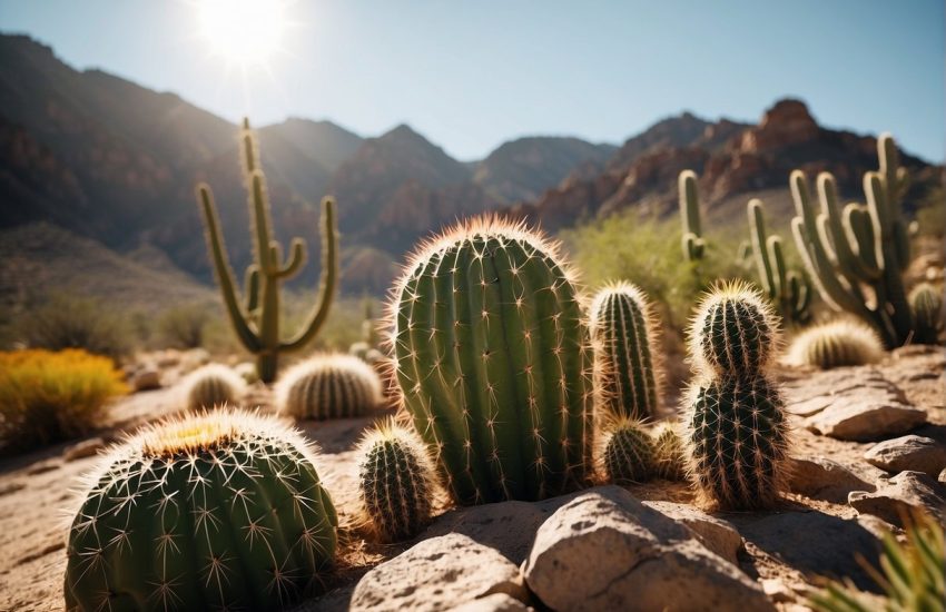 Vibrant desert landscape with cacti and succulents thriving in the scorching sun, surrounded by rocky terrain and shimmering heat waves