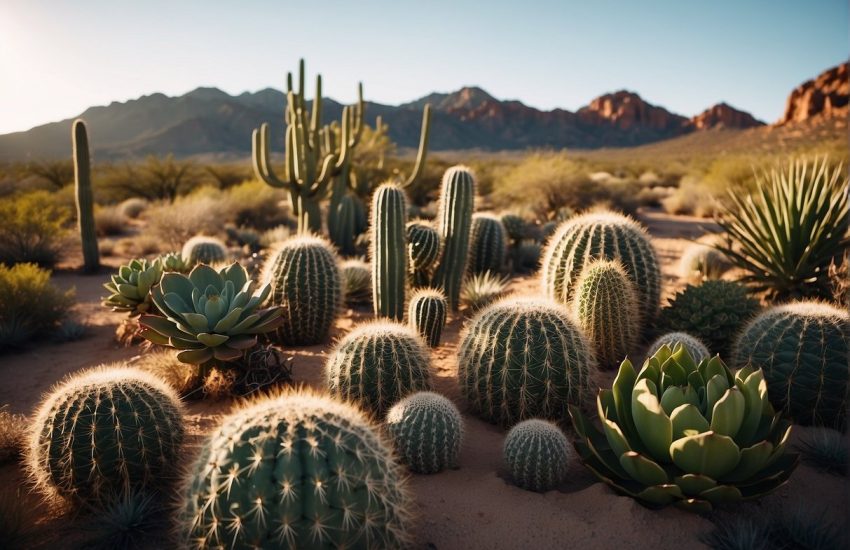 A desert landscape with cacti, succulents, and agave plants thriving in the arid Arizona climate