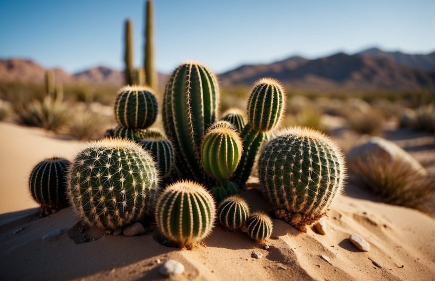 The desert landscape features cacti, succulents, and rocks arranged in a natural and balanced composition. Sand dunes and a clear blue sky complete the serene scene