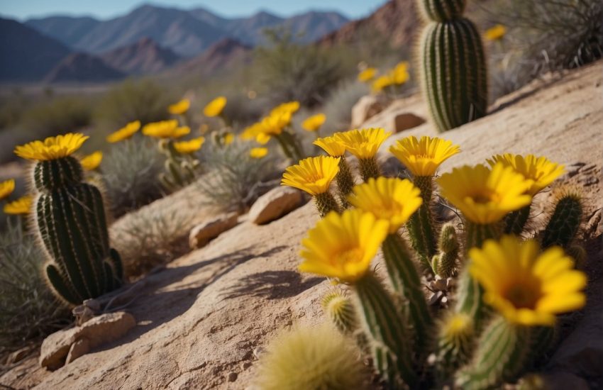 Vibrant yellow Arizona wildflowers bloom in the desert, surrounded by cacti and rocky terrain