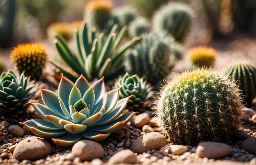 Lush succulents and cacti thrive in a sun-drenched Arizona backyard, surrounded by colorful desert blooms and drought-resistant shrubs