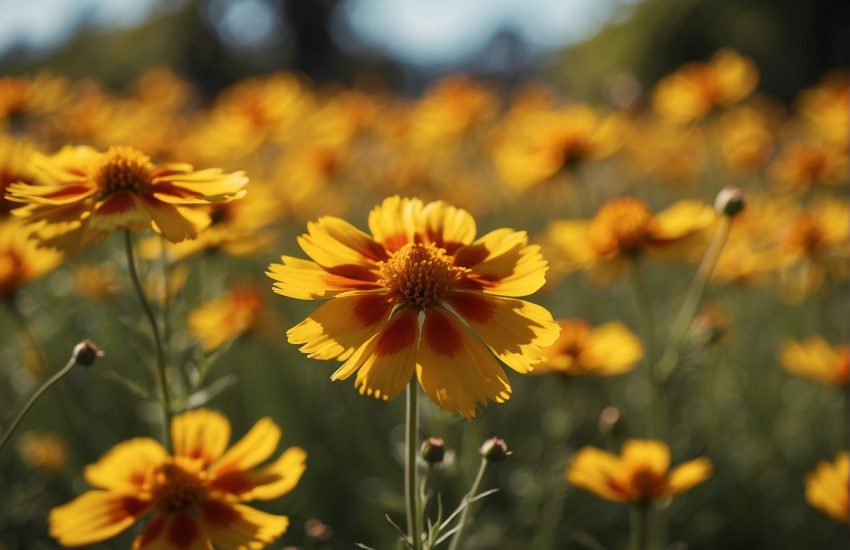 A garden filled with vibrant coreopsis varieties swaying in the breeze, their yellow, orange, and red petals creating a stunning display of color and movement