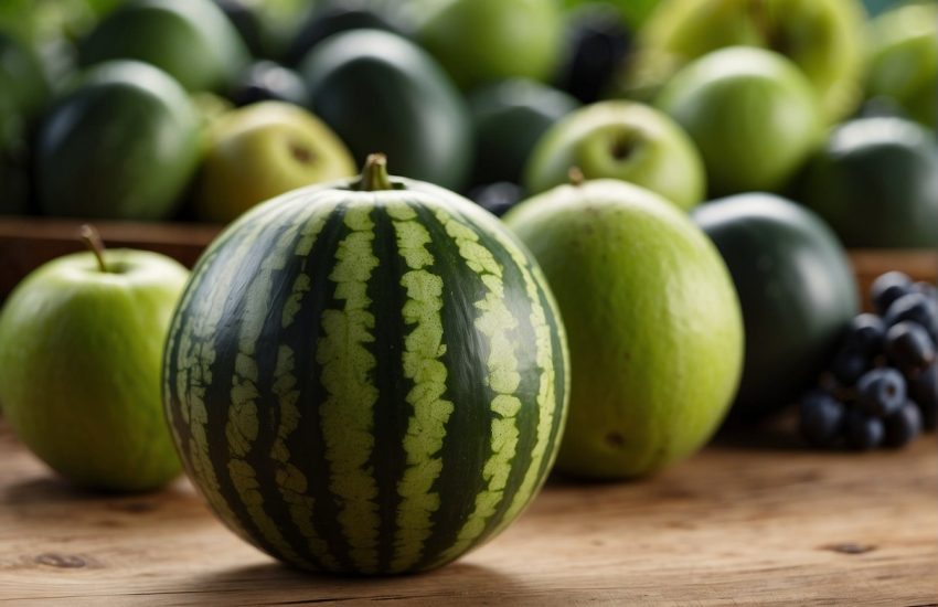 A round, green fruit with dark green stripes, resembling a watermelon, sits on a wooden table surrounded by other fruits