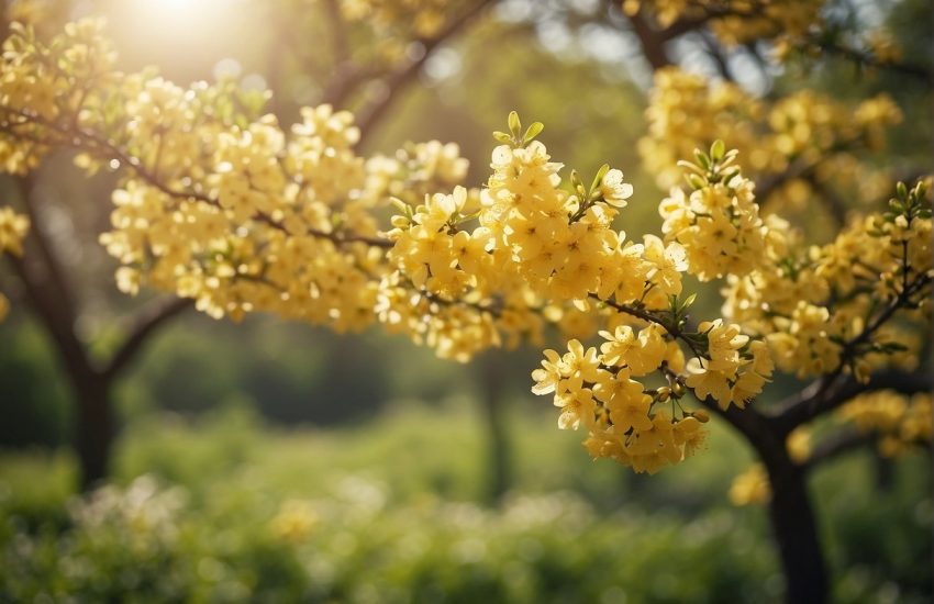 A yellow flowering tree blooms in a lush spring landscape