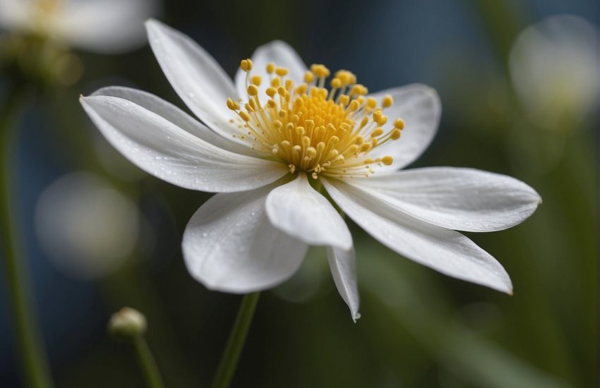 A tall, slender stem supports a graceful flower with six delicate, white petals and long, elegant stamens