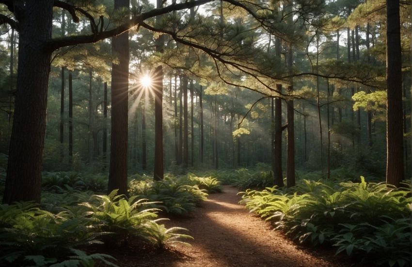 Lush green forest with towering pine, oak, and magnolia trees in South Carolina. Sunlight filters through the dense canopy, casting dappled shadows on the forest floor