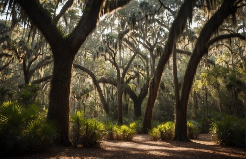 Tall palmetto and live oak trees sway in the warm breeze of a South Carolina forest. Their broad leaves and sturdy trunks create a lush and vibrant landscape