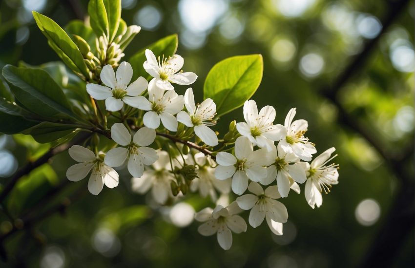 Florida white flowering trees bloom in a lush, tropical setting. The delicate white blossoms contrast against the vibrant green foliage, creating a serene and picturesque scene