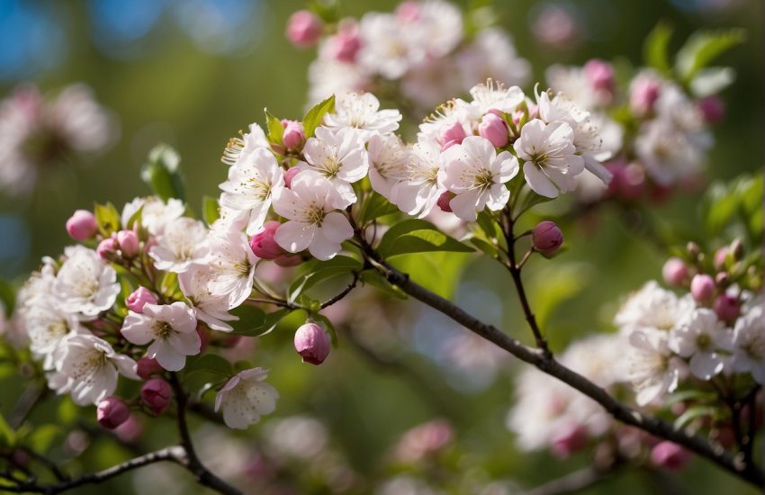 Flowering trees dot the landscape in Maine, with vibrant pink and white blossoms against a backdrop of lush green foliage