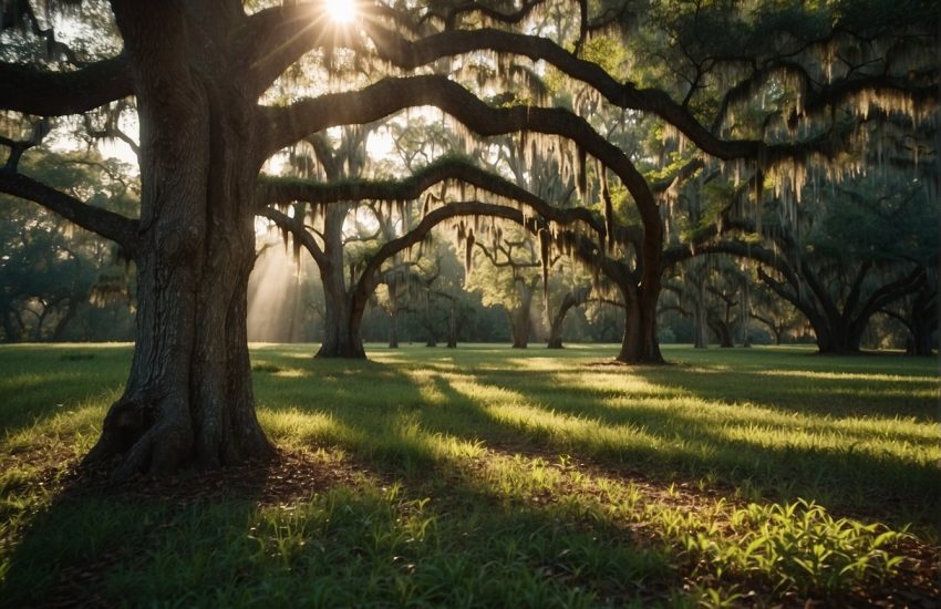 Lush green landscape with oak, hickory, and pecan trees in central Florida. Sunshine filters through the canopy, casting dappled shadows on the forest floor