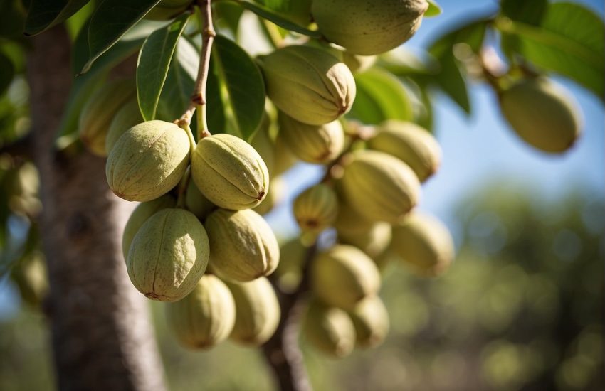 A vibrant pistachio tree stands tall in a sunny Florida orchard, its branches heavy with clusters of green nuts ready for harvest
