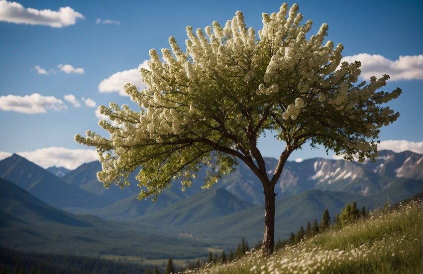 A tall tree with white flowers stands against a backdrop of Colorado's majestic mountains