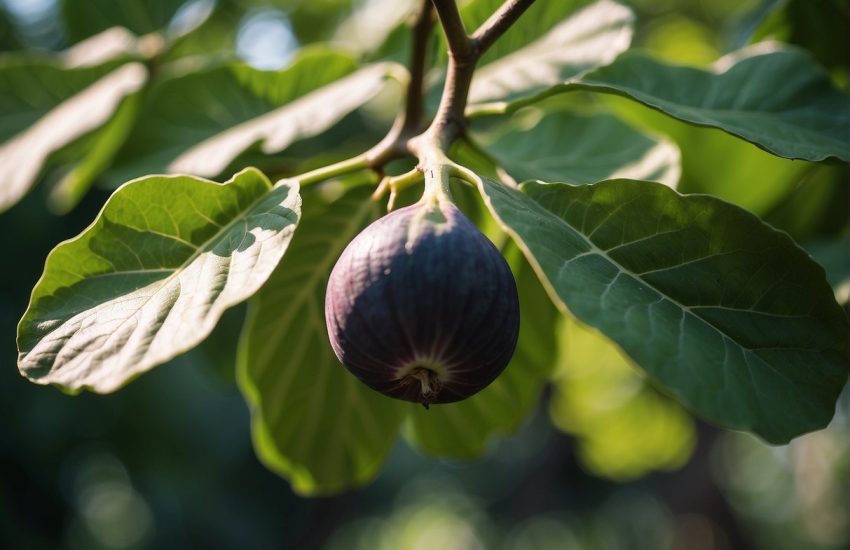 A lush fig tree stands in the center of zone 5, surrounded by vibrant green foliage and dappled sunlight