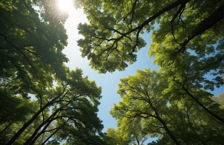 Lush, towering trees spread their branches, casting cool shadows over the Indiana landscape. The leaves are a vibrant green, and the trees are rapidly growing, reaching towards the sky