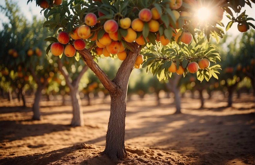 Fruit trees in New Mexico stand tall, their branches heavy with ripe peaches and apples. The sun bathes the orchard in a warm, golden light, casting long shadows on the red earth below