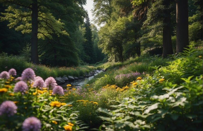 Lush green landscape, with colorful flowers and thriving vegetation, surrounded by a mix of deciduous and evergreen trees