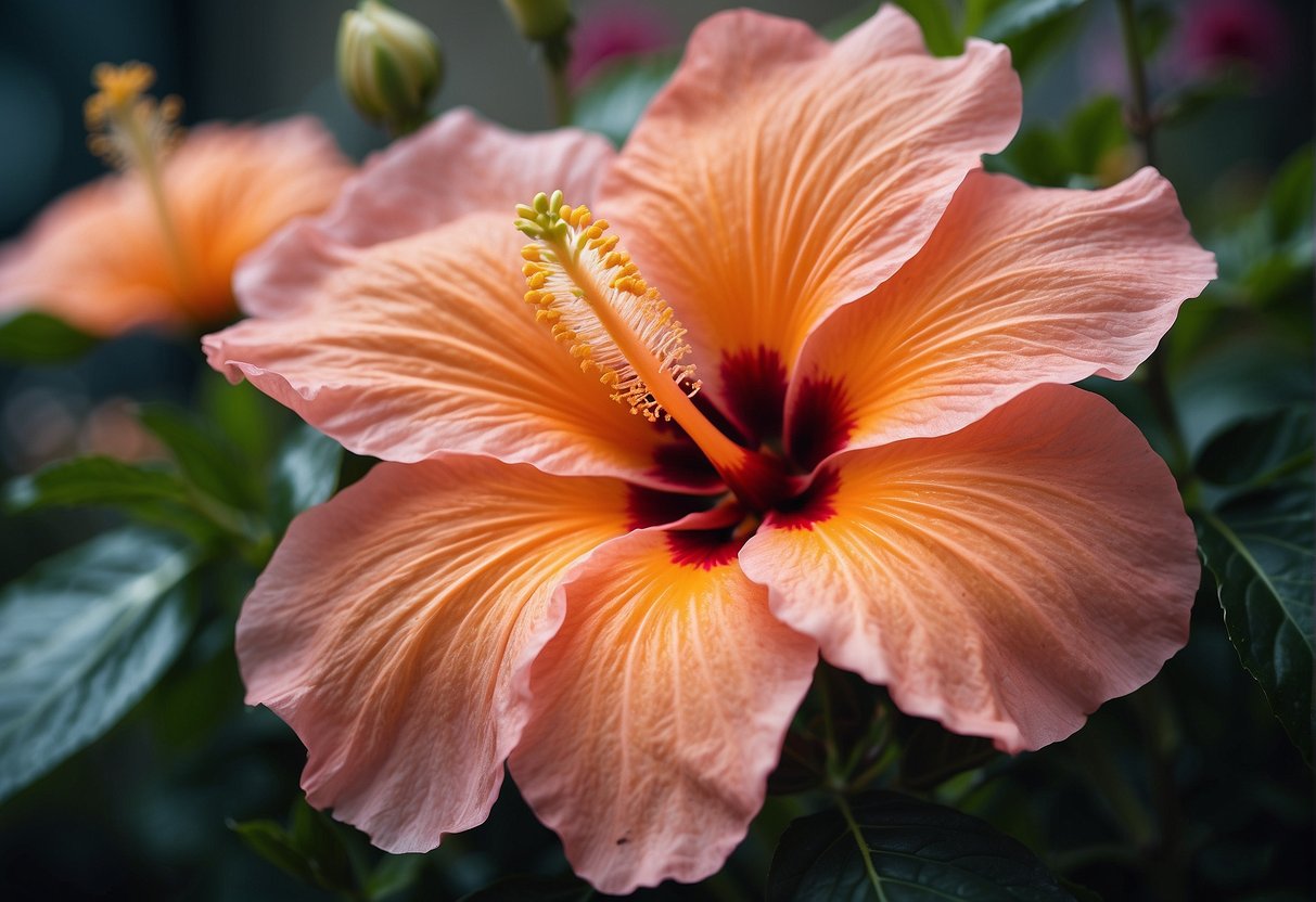 Giant hibiscus-like flowers in full bloom, with vibrant colors and intricate details