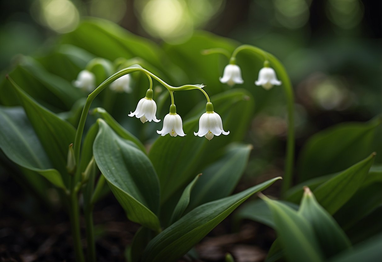 Small white bell-shaped flowers, resembling lily of the valley, nestled among lush green leaves in a shaded woodland setting