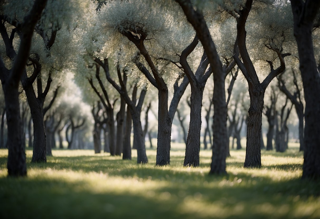 Tall, slender trees with silvery-green leaves resembling olive trees stand in a row, their twisted trunks and delicate branches reaching towards the sky