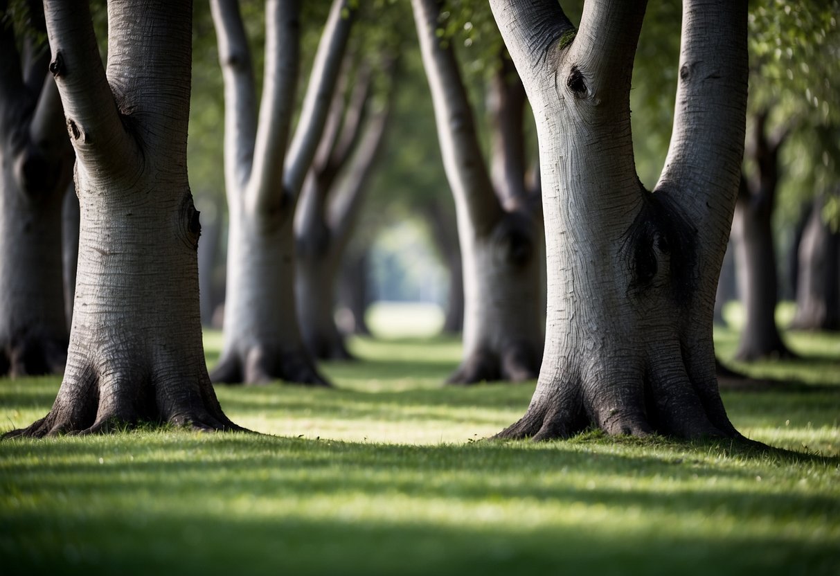 A grove of slender, silvery-green trees with small, elongated leaves and gnarled trunks resembling olive trees