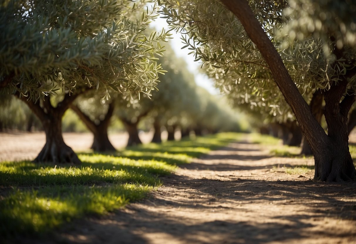 Lush green olive trees stand in neat rows, their branches heavy with small, silver-green leaves. The sun casts dappled shadows on the ground, and a gentle breeze rustles the leaves