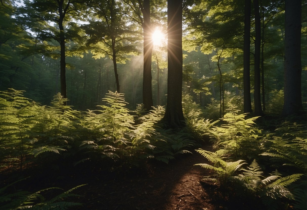 Tall trees blanket the rolling hills of upstate NY. Sunlight filters through the dense foliage, casting dappled shadows on the forest floor