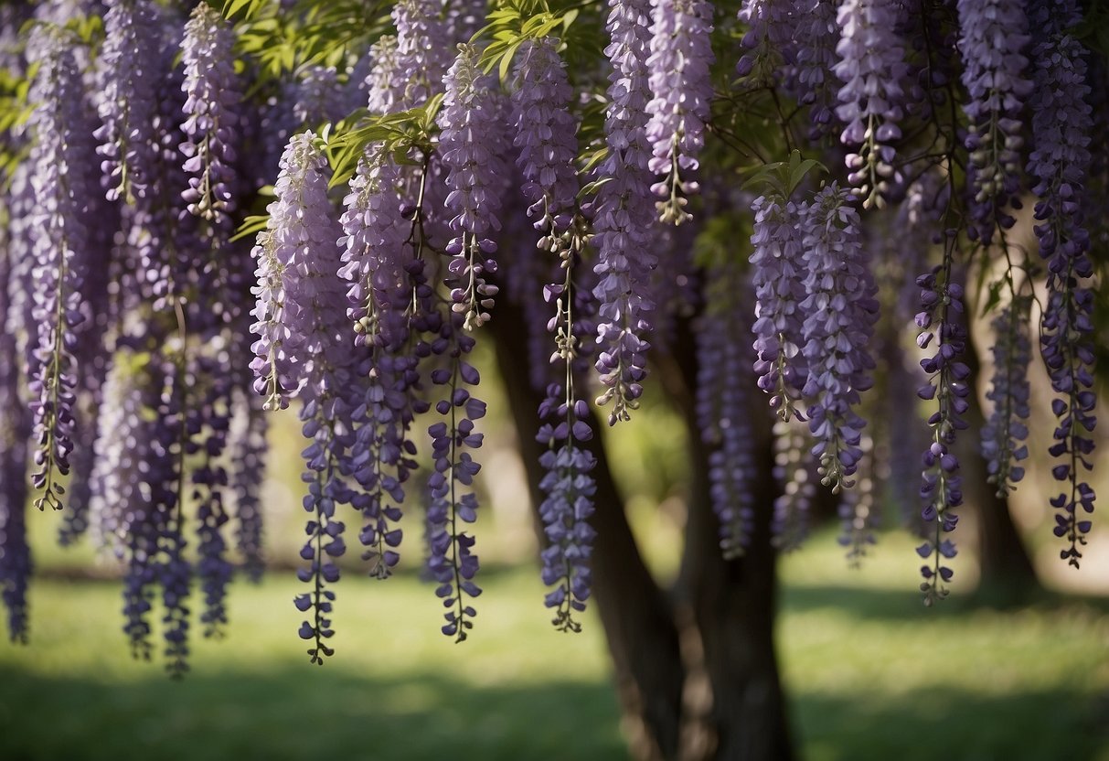 A wisteria-like tree in full bloom cascading with lavender flowers