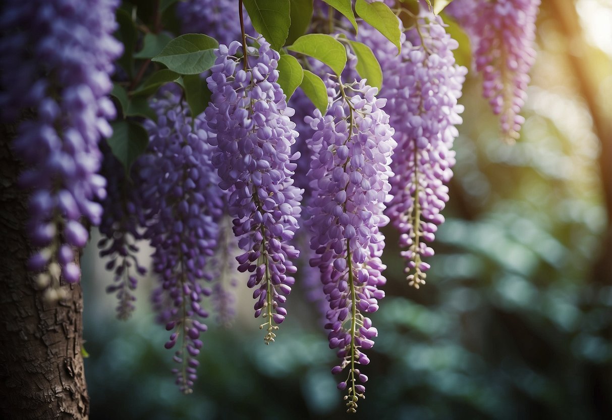 A cascading tree with clusters of purple flowers resembling wisteria, with long, slender leaves and a twisting, vine-like trunk