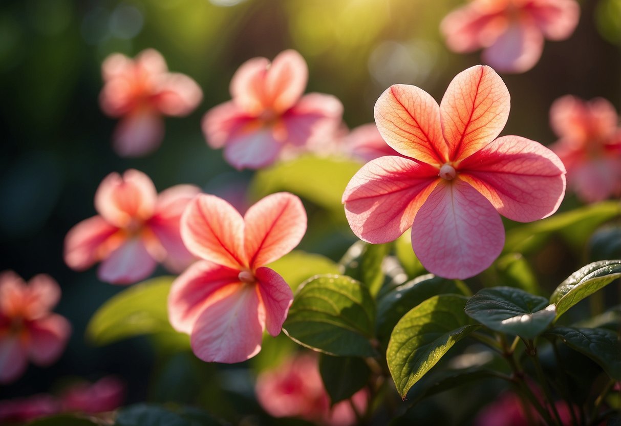 Vibrant sun-like impatiens bloom in a garden, their petals radiating warmth and brightness