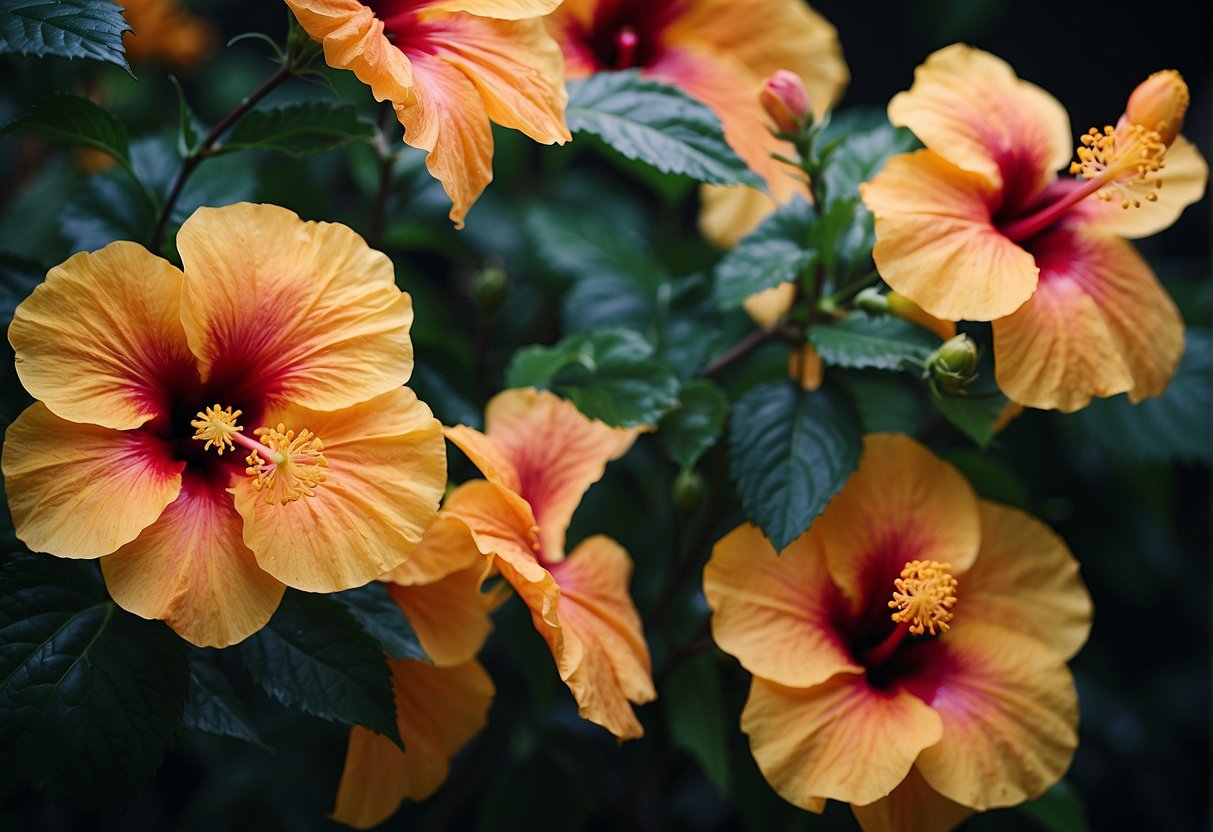 Giant hibiscus-like flowers with vibrant colors and intricate details