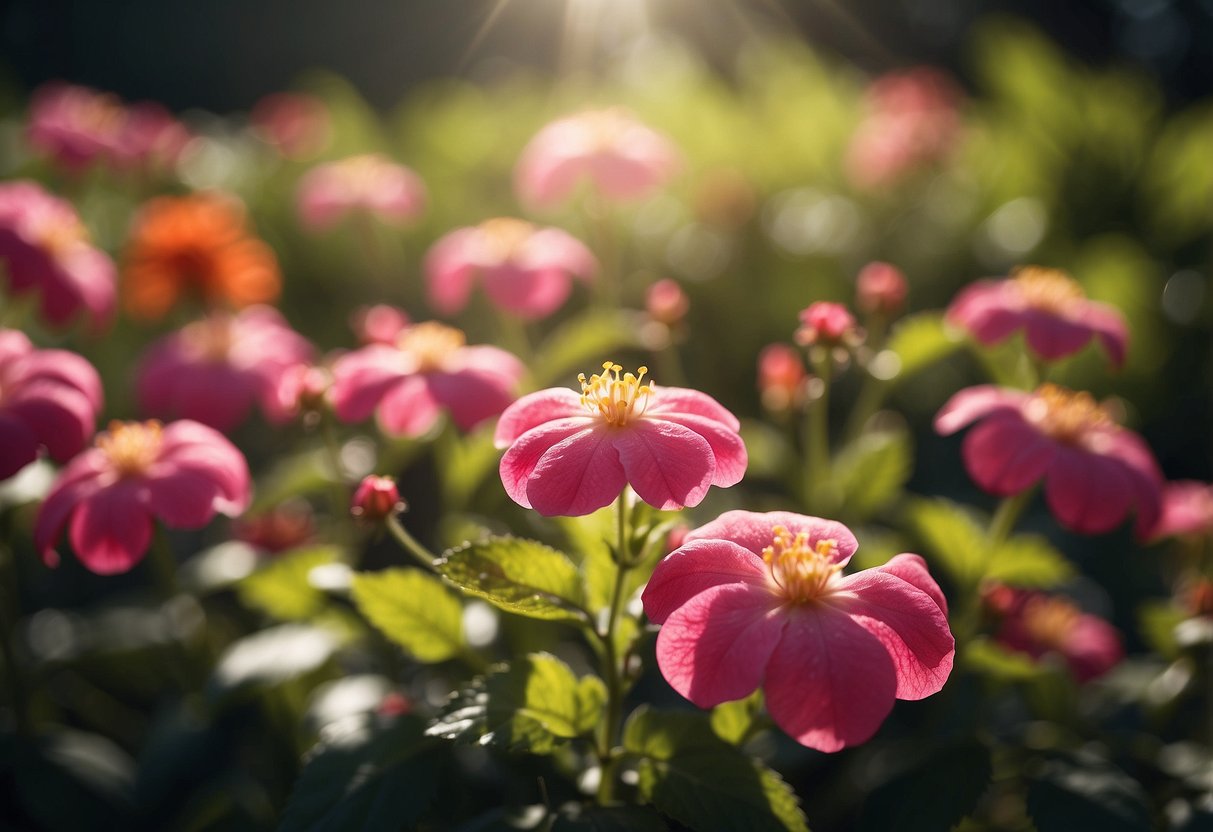 Vibrant sun-loving flowers basking in the warmth, resembling impatiens but thriving in the sun's rays