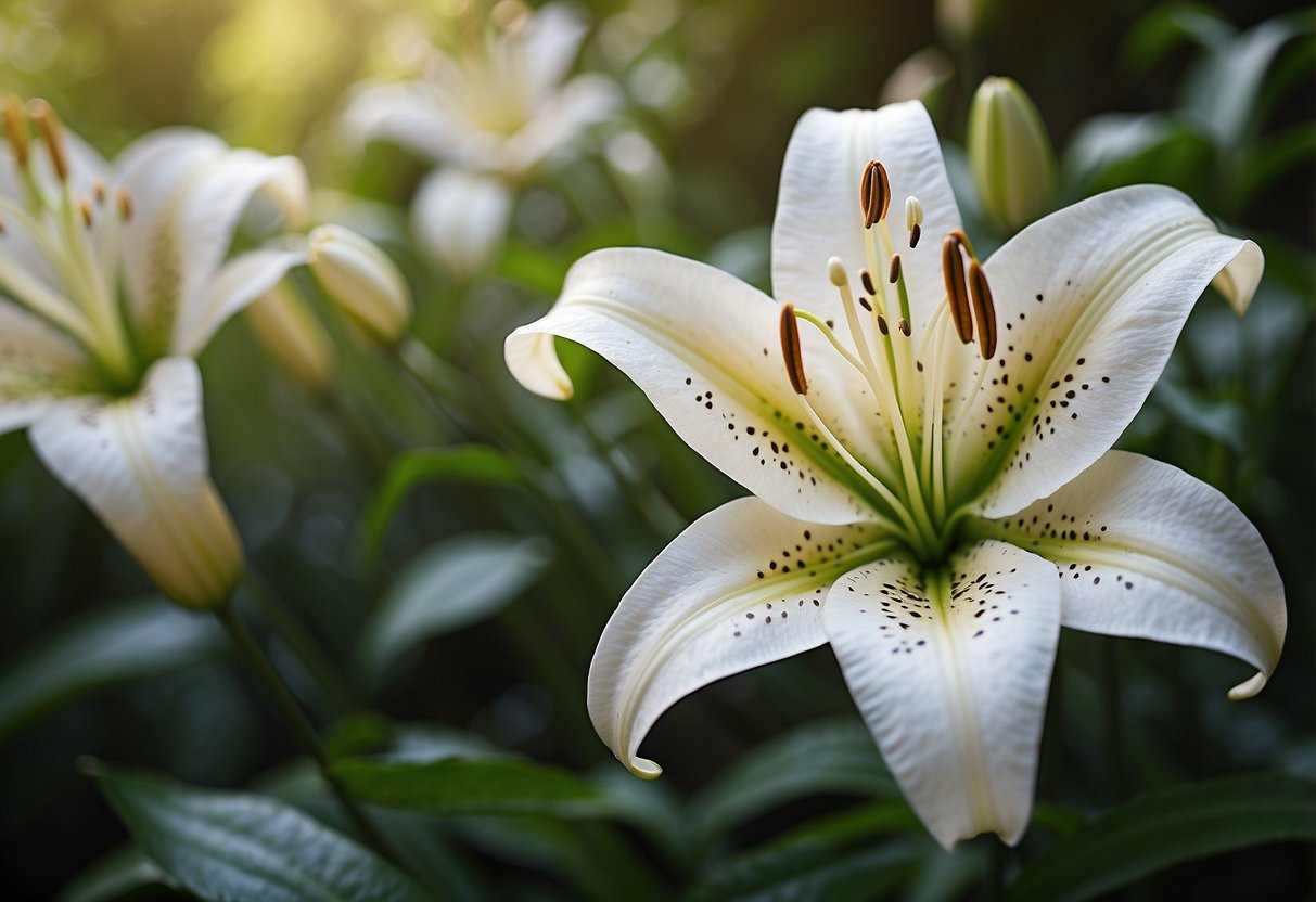 Lilies bloom in a garden, their slender petals reaching towards the sun, surrounded by lush green foliage