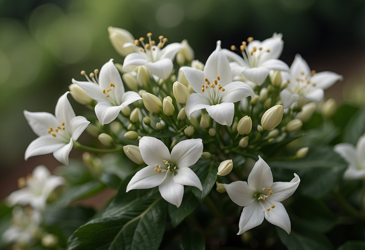 A cluster of delicate, white, trumpet-shaped flowers with long, slender stems and vibrant green leaves