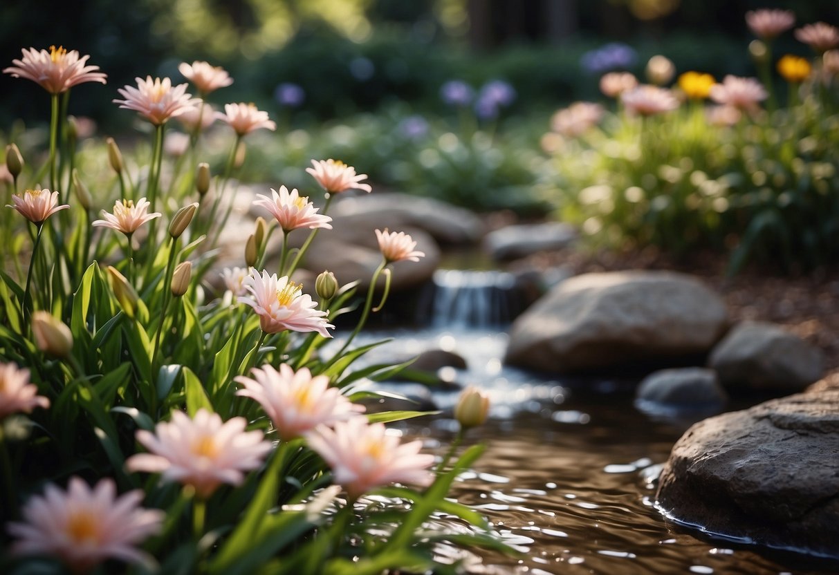 Lily-like flowers bloom in a well-tended garden, surrounded by carefully placed mulch and a gentle stream running nearby