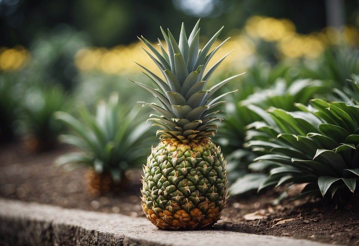 A pineapple-like plant stands tall with spiky leaves and a crown-like top