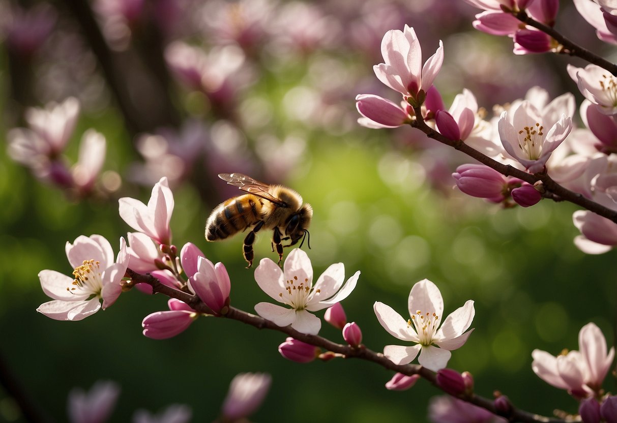 Sunlight filters through the branches of blooming redbud and dogwood trees, casting dappled shadows on the lush green grass below. Bees buzz around the delicate pink and white blossoms, while a gentle breeze carries the sweet scent of