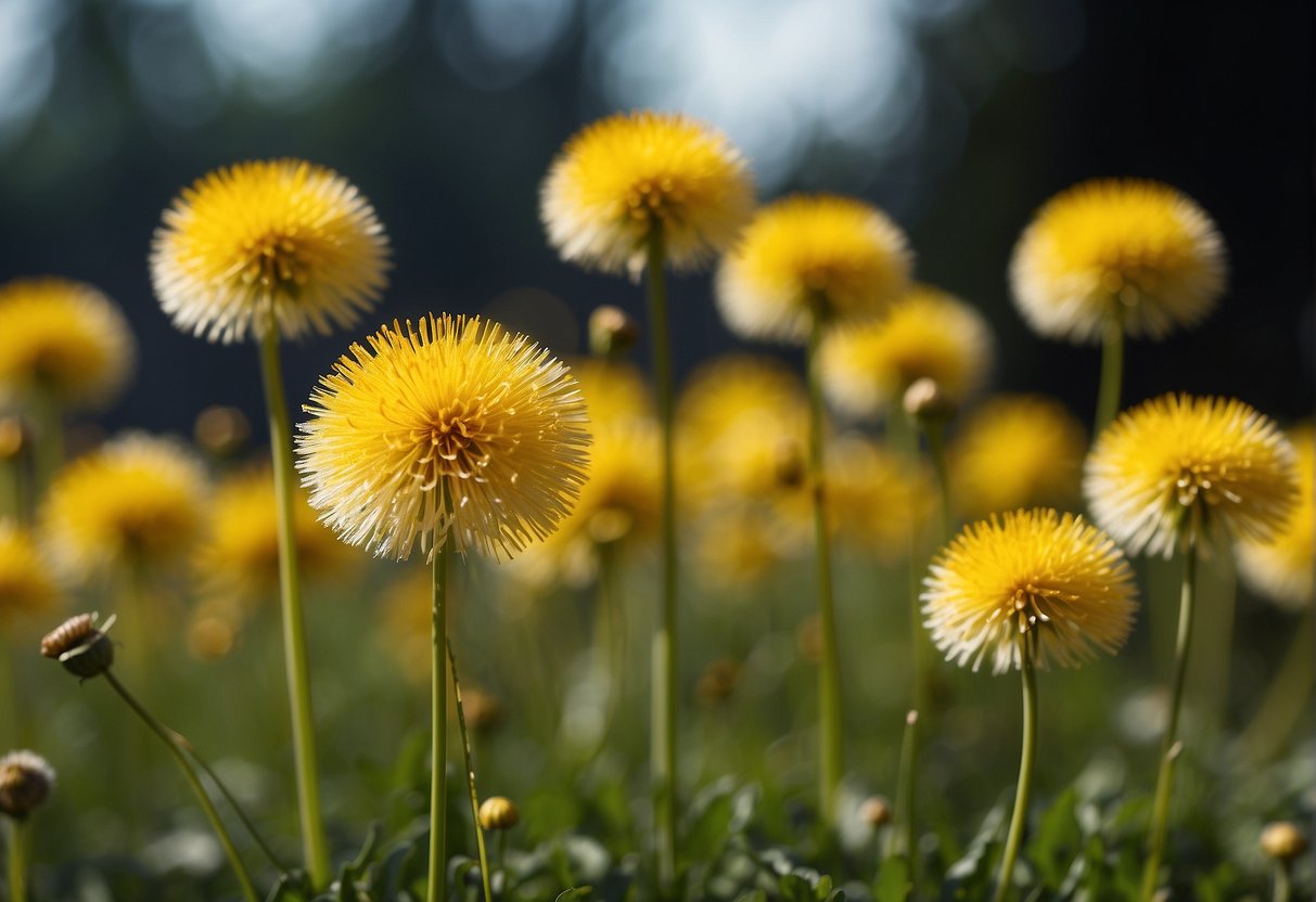Bright yellow flowers with fluffy, spherical heads and slender stems, resembling dandelions but distinct