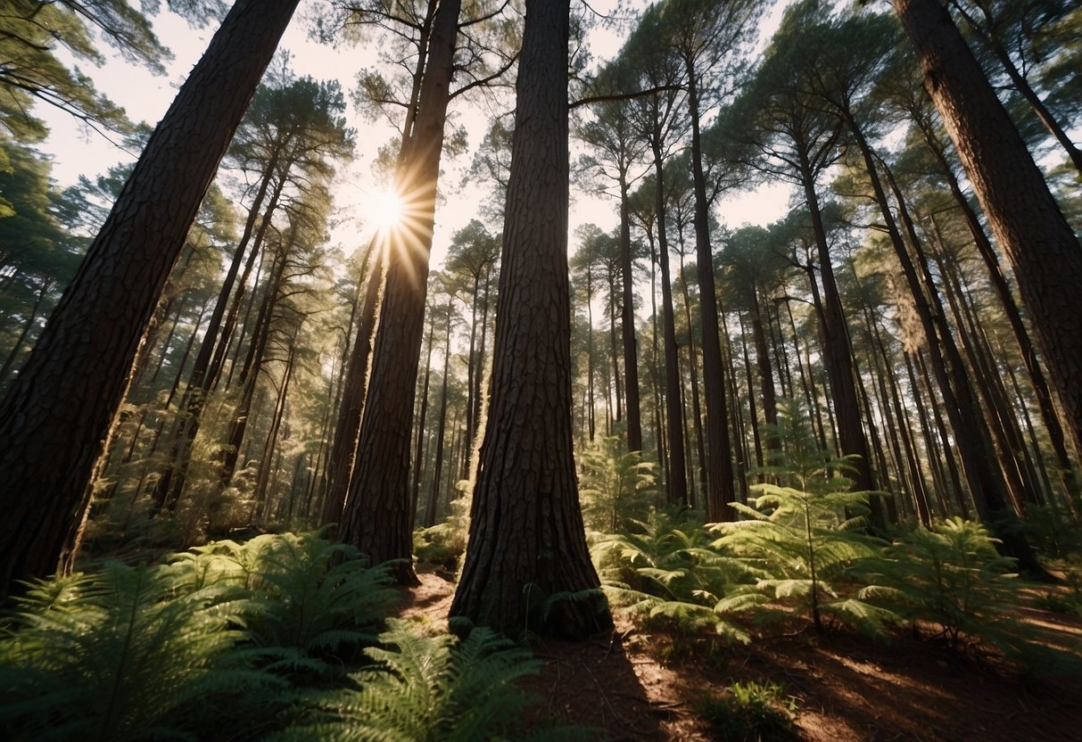 Tall pine trees stand in a dense Louisiana forest, their long needles reaching towards the sky. The sun filters through the branches, casting dappled shadows on the forest floor