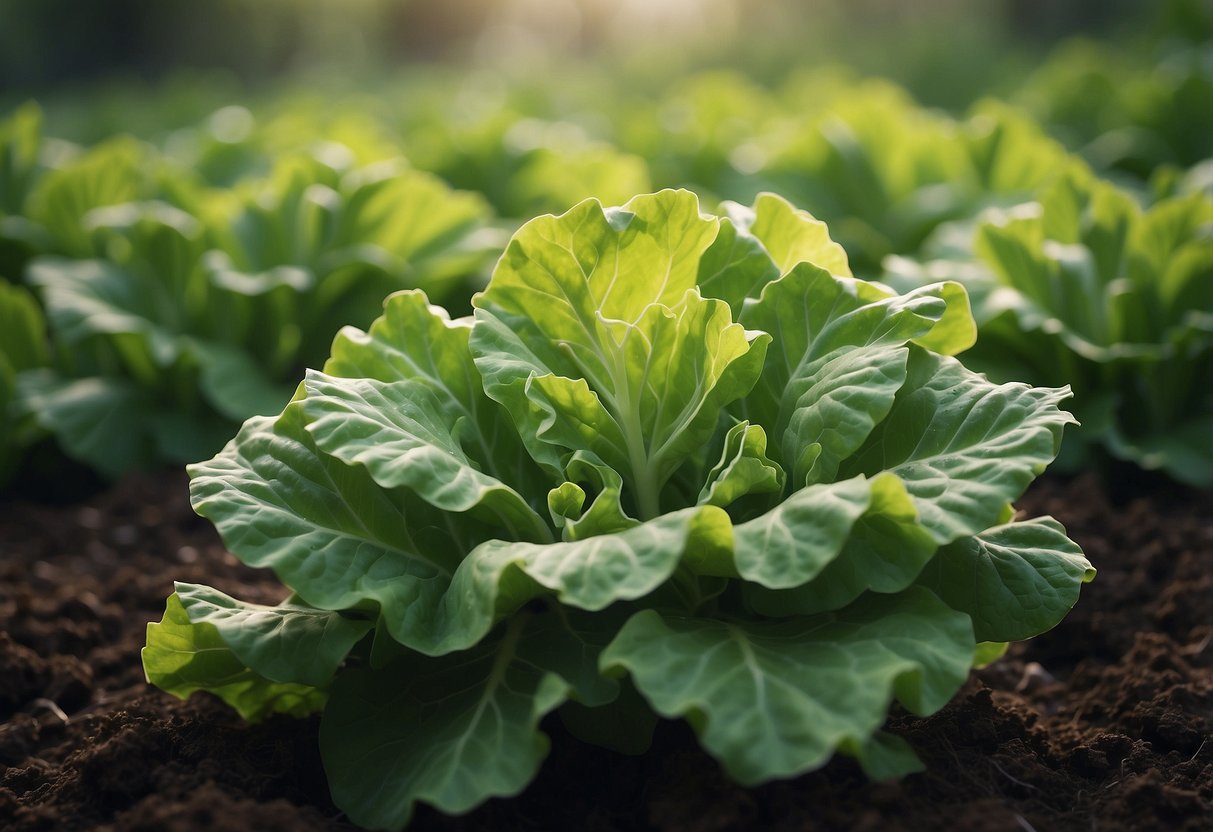 A green, leafy plant resembling lettuce, with crisp, ruffled leaves and a thick, sturdy stem