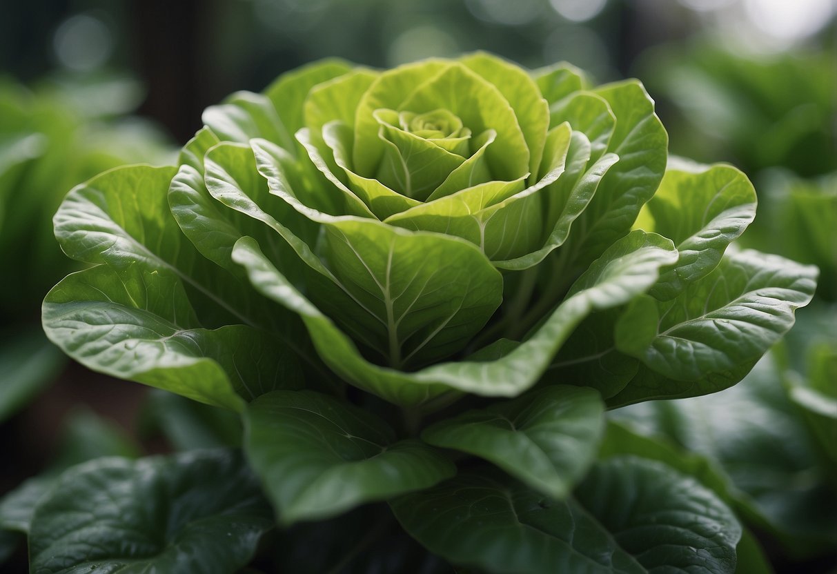 A green, leafy plant with a rosette of rounded leaves resembling lettuce