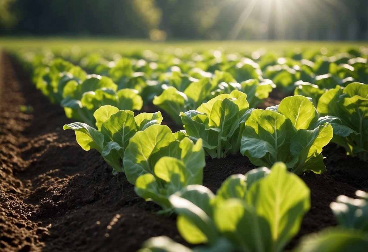 Lettuce-like plants grow in neat rows, their vibrant green leaves reaching towards the sun. Farmers tend to the crops, carefully watering and harvesting the tender leaves