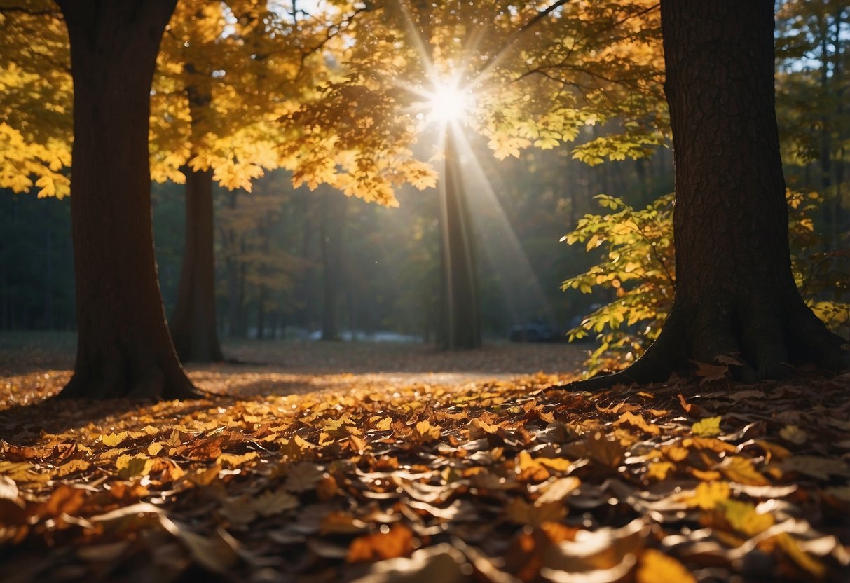 Sunlight filters through colorful autumn leaves on towering New England trees