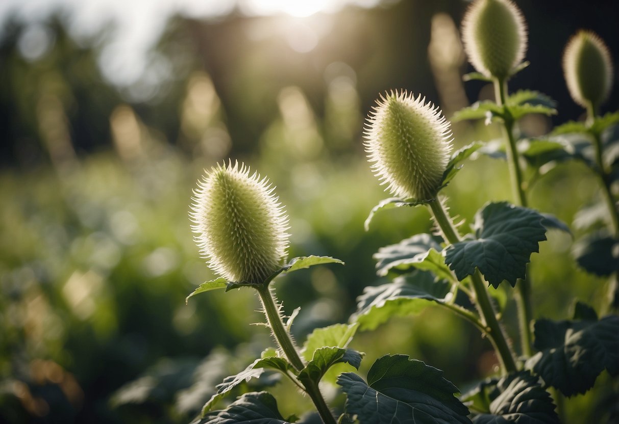 Tall burdock and mullein plants stand side by side, their large leaves and spiky flowers creating a striking resemblance