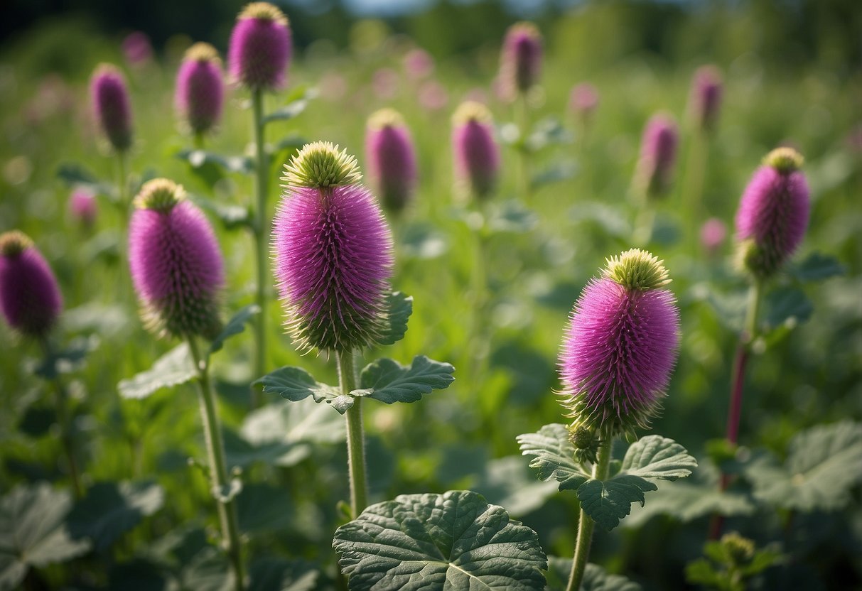 Burdock and mullein plants stand tall in a lush meadow, their large leaves and vibrant flowers symbolizing their cultural and medicinal significance