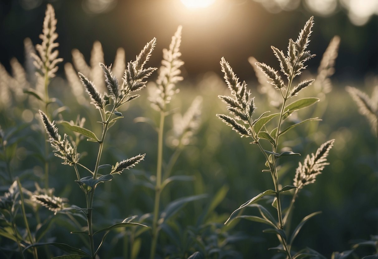 Tall weeds resembling sage sway in the breeze, their thin, silvery leaves catching the sunlight